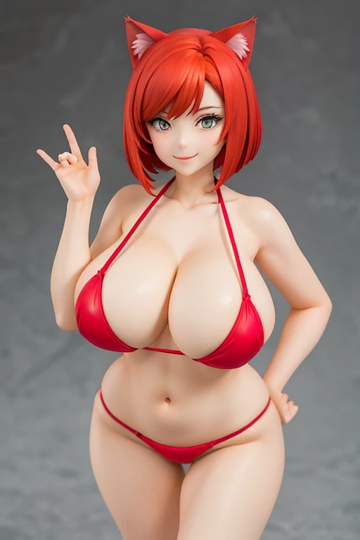 figure, Neko, sexy pose, big breasts, curvy, smile, bob haircut, red bikini, redhead, cat ears