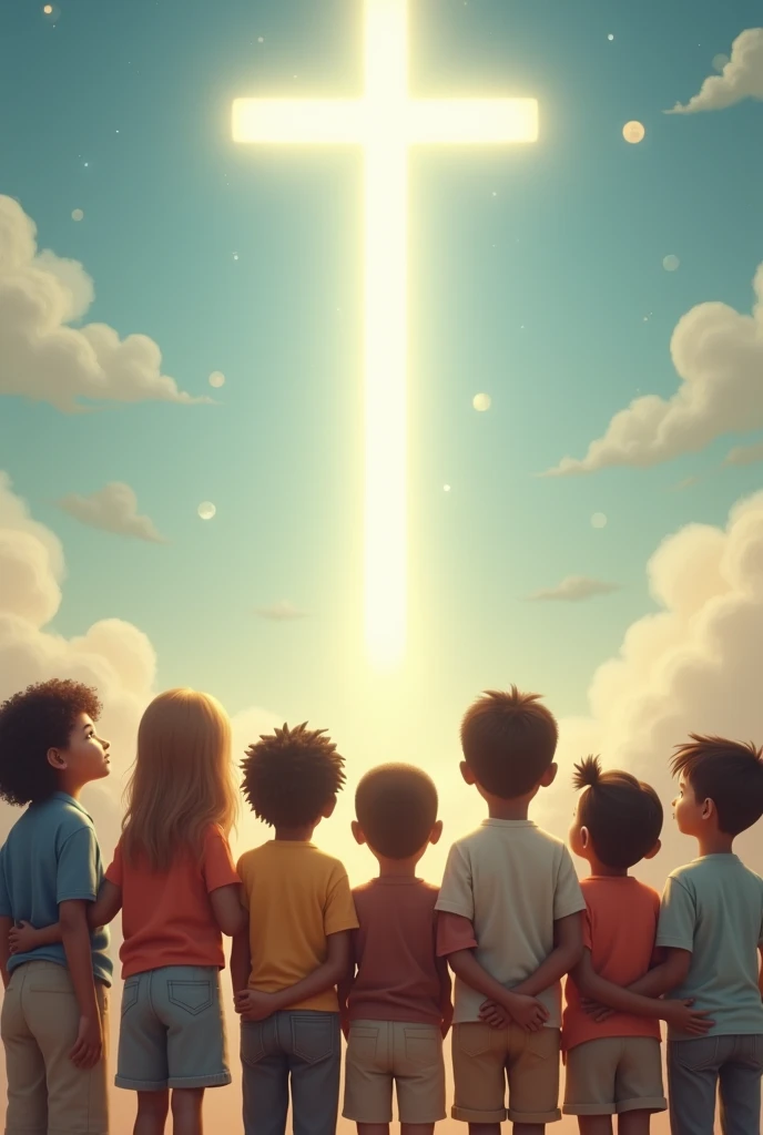 Children of different skin colors at the bottom of the image and a cross shaped light at the top and children looking at the cross in the light background