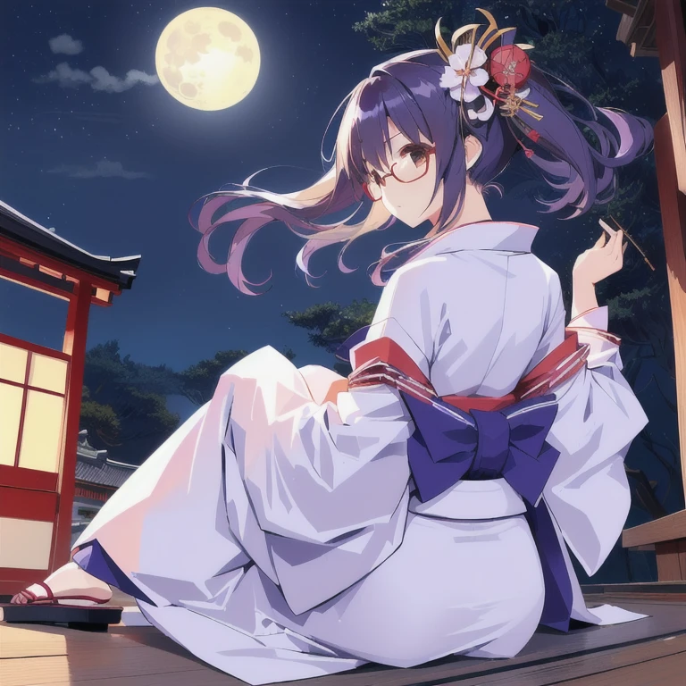 Full moon night、Strong winds、Back view、Hair dancing in the wind、Gorgeous old Japanese kimono、One girl with glasses, sit、Old Japanese Garden