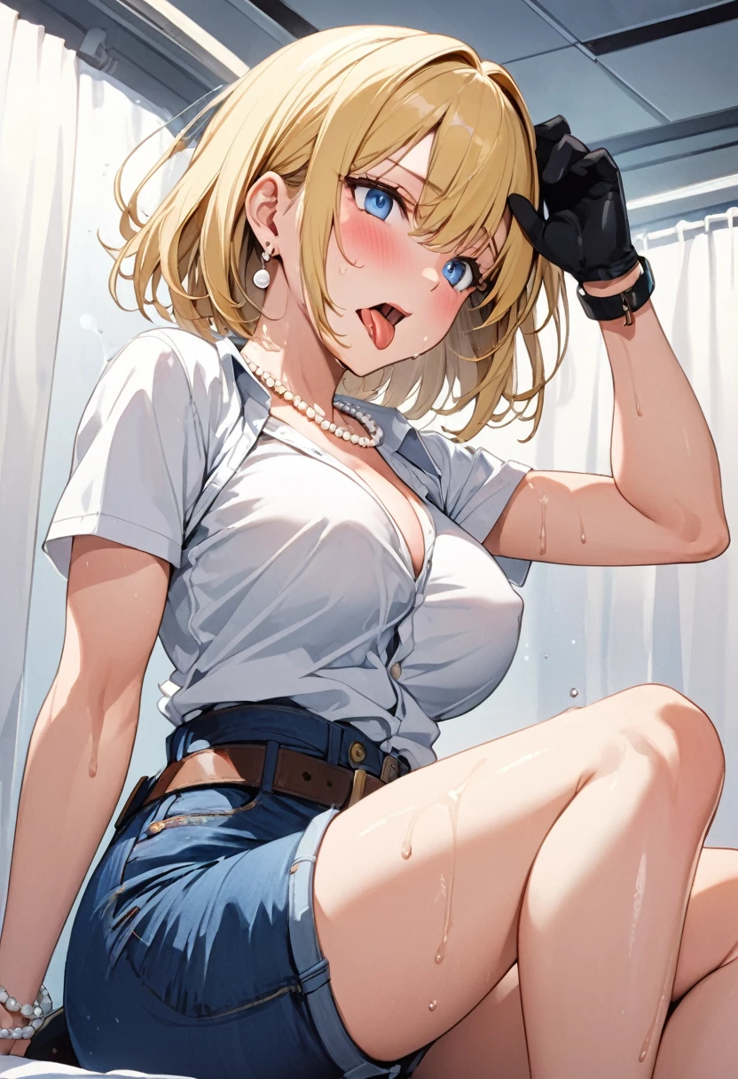 masterpiece, Highest quality, High resolution, (Artificial Human Room No. 18),1990s \(style\),(E-cup beautiful breasts)、height: 170cm,Sweating all over the body、vapor、Muscular、((sexy))、(sex),(nsfw),(M-shaped legs),Sweaty、(Breasts spilling out of clothes),独奏,Anime-style painting style, blonde hair, Blue eyes, belt, jeans, pearl_necklace, bracelet, black gloves, white shirt, short hair, short sleeves, earrings, blue short pants, open vest, black vest,middle breasts,Composition focusing on the upper body,(Cool face)、Pointed eyes,A face writhing in pleasure,Kissing expression、Sticking out tongue