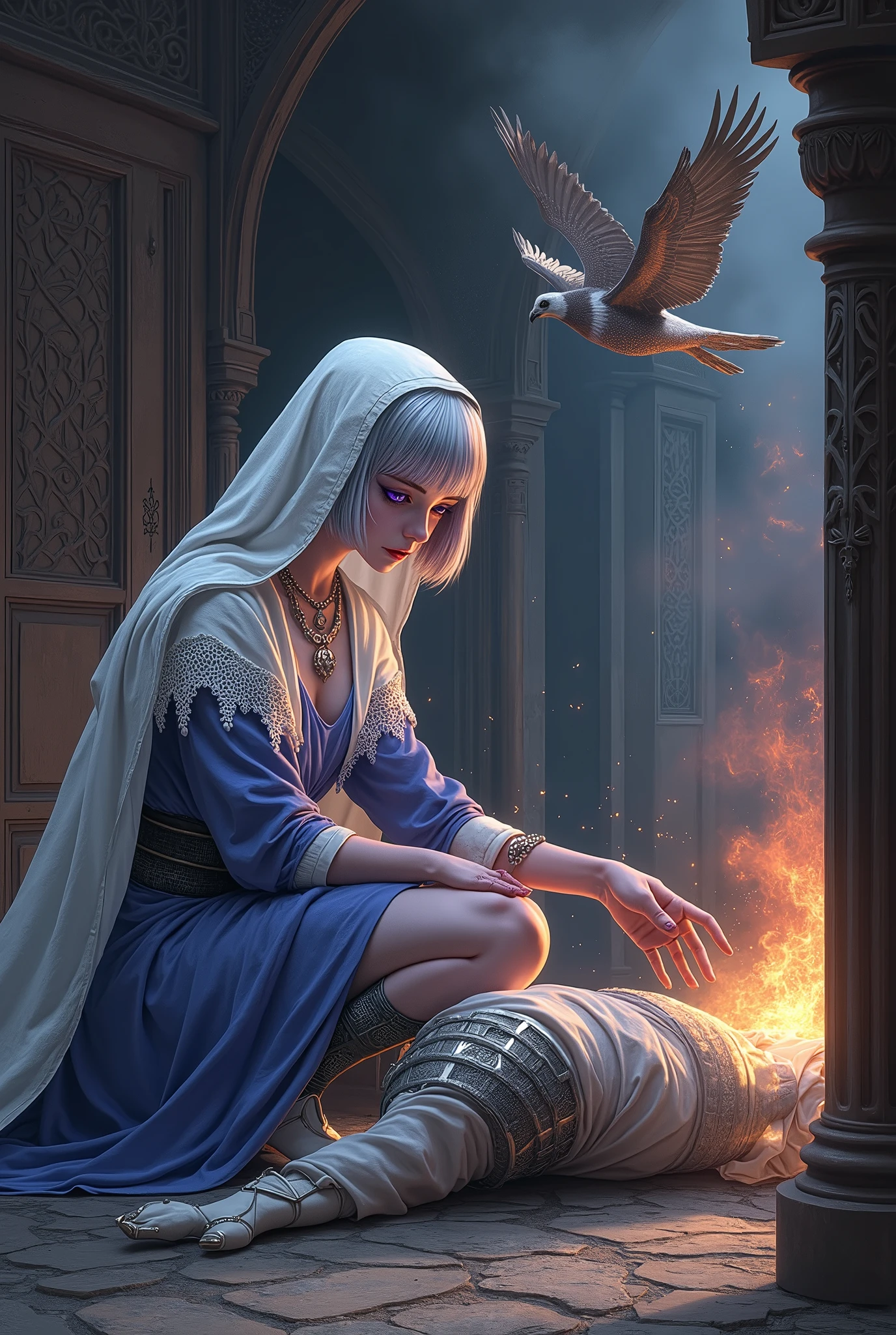 (Ultra-detailed face, looking away, Fantasy Illustration with Gothic, Ukiyo-e, Comic Art, Rich colors),
BREAK
(A female dark elf healer is tending to a wounded knight lying on the floor, attempting to channel the god she worships. A falcon clad in flames flutters above the knight, and particles of flame flow from the falcon's body into the knight's body.),
BREAK
(The place is a medieval European-style church room used as a field hospital. It is dark outside, and the building is ablaze with smoke.),
BREAK
(DarkElves: A young-aged dark elf woman with silver color hair, blunt bangs, bob cut and dark purple color skin, lavender color eyes.),
BREAK
(DarkElves: A female dark elf healer wears a white veil, a simple robe of lacy linen, a blue tunic, and white nurse's shoes.)