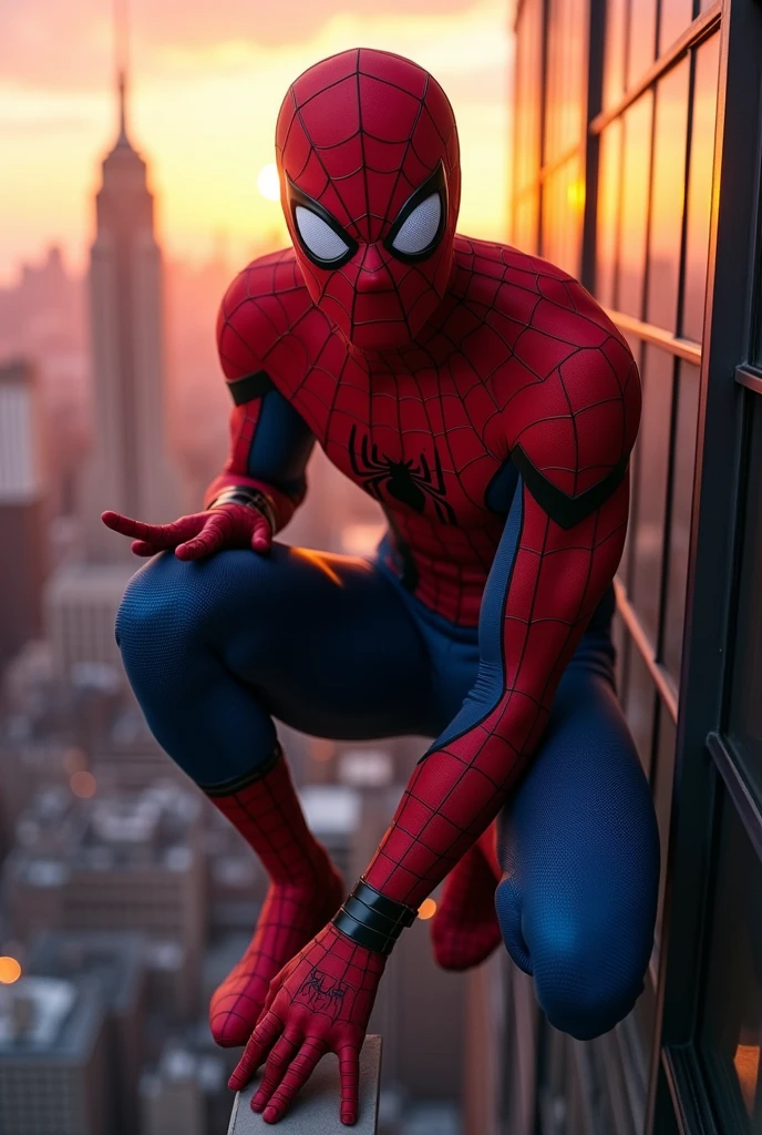 Spider-Man is crouched on the edge of a New York City skyscraper at sunset, his lean and athletic form perfectly capturing the essence of the hero. His iconic red and blue suit, detailed with a web-like pattern, clings tightly to his muscular physique. Make sure his face, including his nose, is accurately depicted, with the mask fitting snugly and realistically over his features. His fingers and hands should be precisely formed, with all anatomical details correct and natural.
Spider-Man's posture is tense and ready for action, with one hand firmly gripping the ledge and the other extended, prepared to shoot a web. His white, expressive eyes on the mask are narrowed, focused intently on the city below. The wind gently moves the fabric of his suit, adding a sense of motion and realism. The sunset behind him bathes the scene in warm hues of orange and pink, reflecting off the glass windows of the surrounding buildings.
Ensure that all proportions are accurate and realistic, particularly the face, nose, and fingers, to avoid any anatomical distortions. The scene captures Spider-Man in a moment of poised readiness, embodying his role as the vigilant protector of the city, always alert and prepared to swing into action.