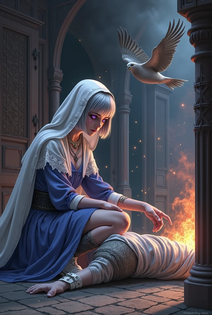(Ultra-detailed face, looking away, Fantasy Illustration with Gothic, Ukiyo-e, Comic Art, Rich colors), 
BREAK 
(A female dark elf healer is tending to a wounded knight lying on the floor, attempting to channel the god she worships. A falcon clad in flames flutters above the knight, and particles of flame flow from the falcon's body into the knight's body.), 
BREAK 
(The place is a medieval European-style church room used as a field hospital. It is dark outside, and the building is ablaze with smoke.), 
BREAK 
(DarkElves: A young-aged dark elf woman with silver color hair, blunt bangs, bob cut and dark purple color skin, lavender color eyes.), 
BREAK 
(DarkElves: A female dark elf healer wears a white veil, a simple robe of lacy linen, a blue tunic, and white nurse's shoes.)
