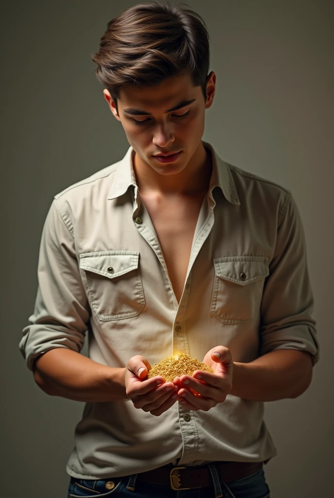 Young man, dressed casually, holding gold jewelry in hands, realistic image, looking ahead