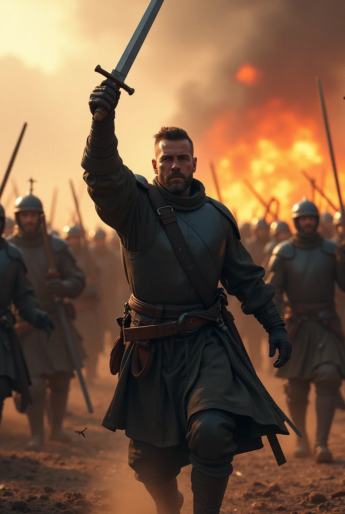 Medieval mercenary squad of 200 people led by a 2 man, He has medium hair with shaved sides, Spanish nationality, He is raising a sword to the sky, He is right-handed, None of them have a cape on their uniform, the uniform is black/gray, realistic image, There is movement, They are on a battlefield, They are running (They don't look static) there is fire behind, you see dust rising, small flying wood splinters