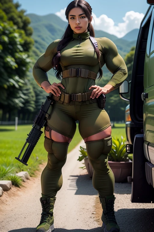 Photorealistic, high resolution, 1 malay woman wearing a green beret, Solo, Hips up, Battlefield background,view the viewer, (Detailed face), braided hair, wearing a green beret and a special team logo, SWAT vests, airborne logo on the chest, sniper rifle handle, camouflage combat suit, Camoflage military uniform, SWAT Boots, bulletproof vest, Holding an assault rifle, M16, Inside the jungle of Royal Belum, Very detailed, Perfect face, Black eye, jewelry, (full body view), Lifelike, masterpiece, HDR, 4K, veins everywhere, full veined body