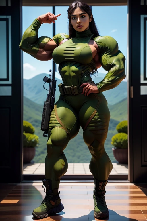 Photorealistic, high resolution, 1 malay woman wearing a green beret, Solo, Hips up, Battlefield background,view the viewer, (Detailed face), braided hair, wearing a green beret and a special team logo, SWAT vests, airborne logo on the chest, sniper rifle handle, camouflage combat suit, Camoflage military uniform, SWAT Boots, bulletproof vest, Holding an assault rifle, M16, Inside the jungle of Royal Belum, Very detailed, Perfect face, Black eye, jewelry, (full body view), Lifelike, masterpiece, HDR, 4K, veins everywhere, full veined body