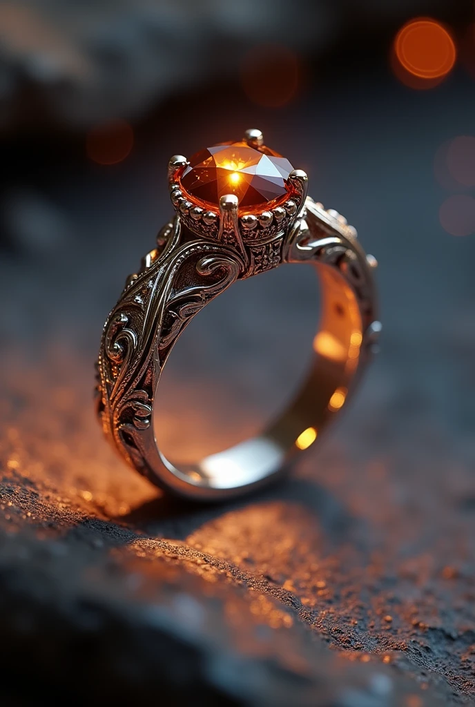 a beautiful detailed silver wedding ring with a dark brown diamond, the ring is thin and the diamond is not embedded, intricate engraved patterns, glowing inner light, ethereal atmospheric lighting, extremely detailed, 8k, photorealistic, studio lighting, physically-based rendering, vibrant colors, cinematic composition