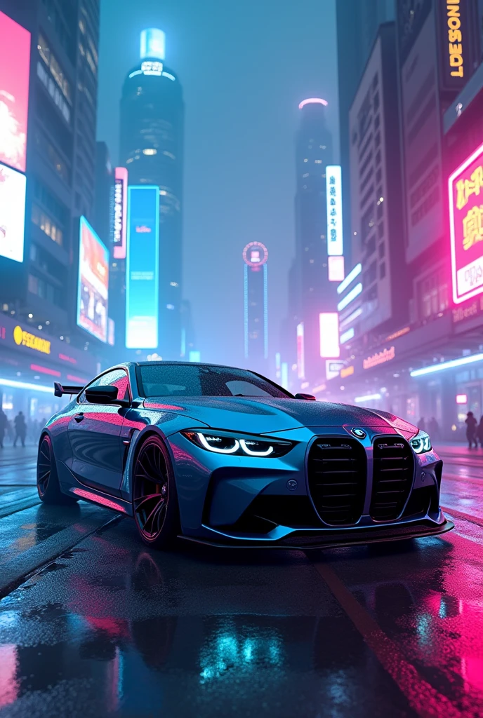 Give me bmw m4 compitition in cyber punk neon city with blue and pink neon light