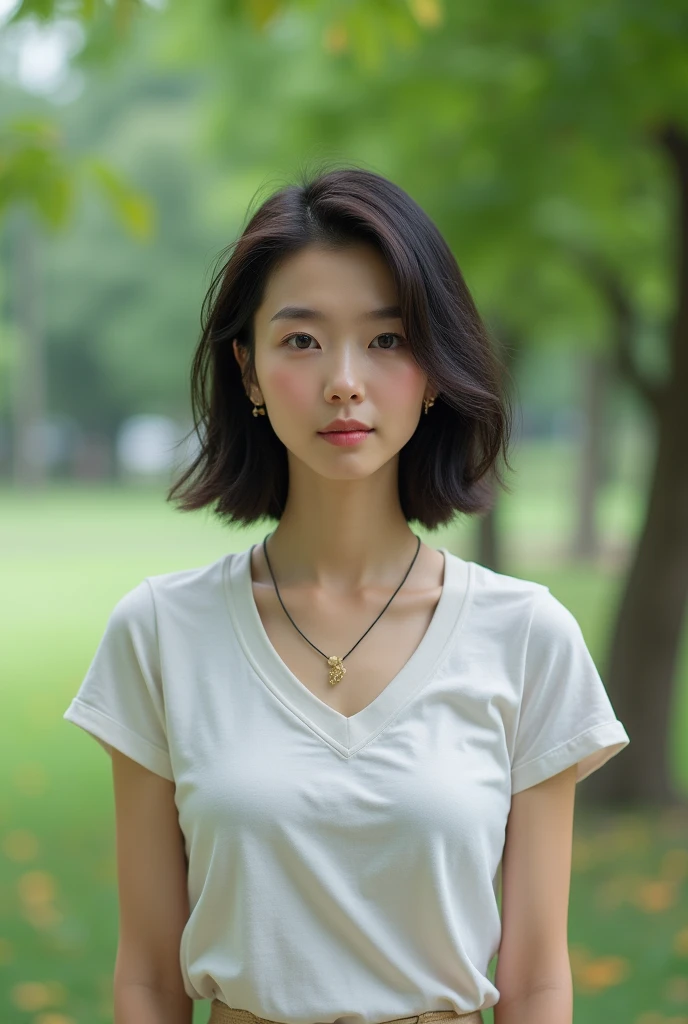 (High reality photograph, high resolusion, detailed face, detailed eyes) Skinny Japanese lady, 40 years old, various face expression, various hair style, skinny figure, very small breasts, very thin waist, casual clothes in a park
