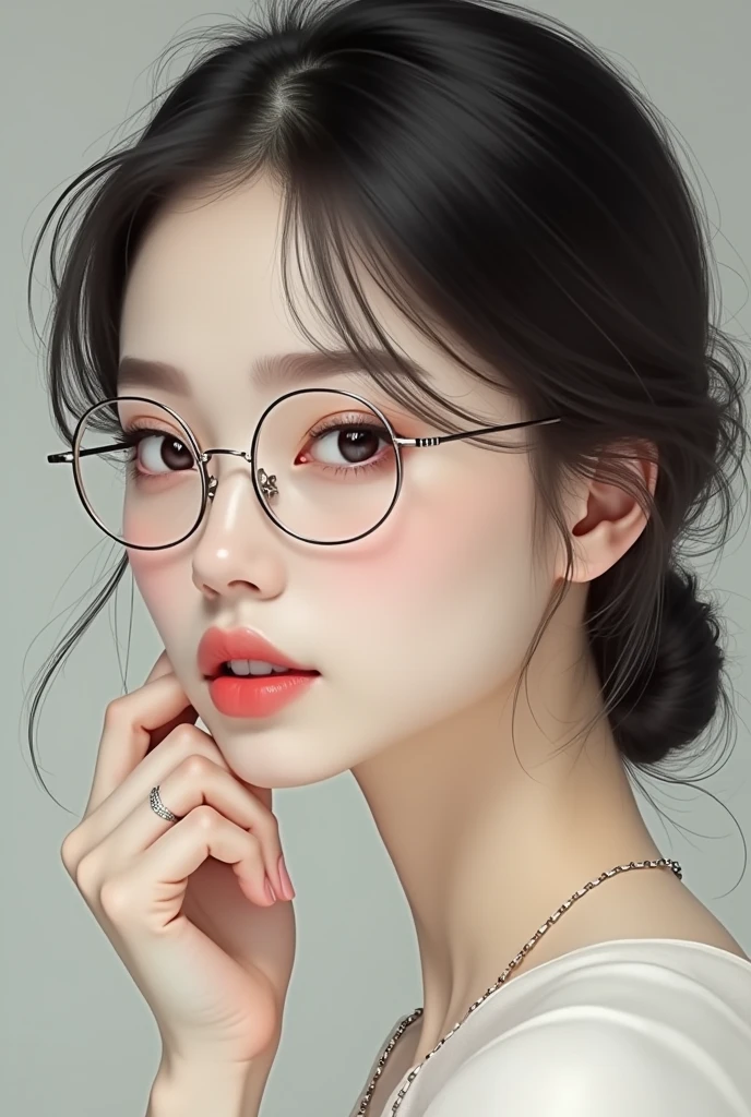 white skin woman, with small eyes, Wears glasses, small pink mouth , round face, shaped eyebrows,