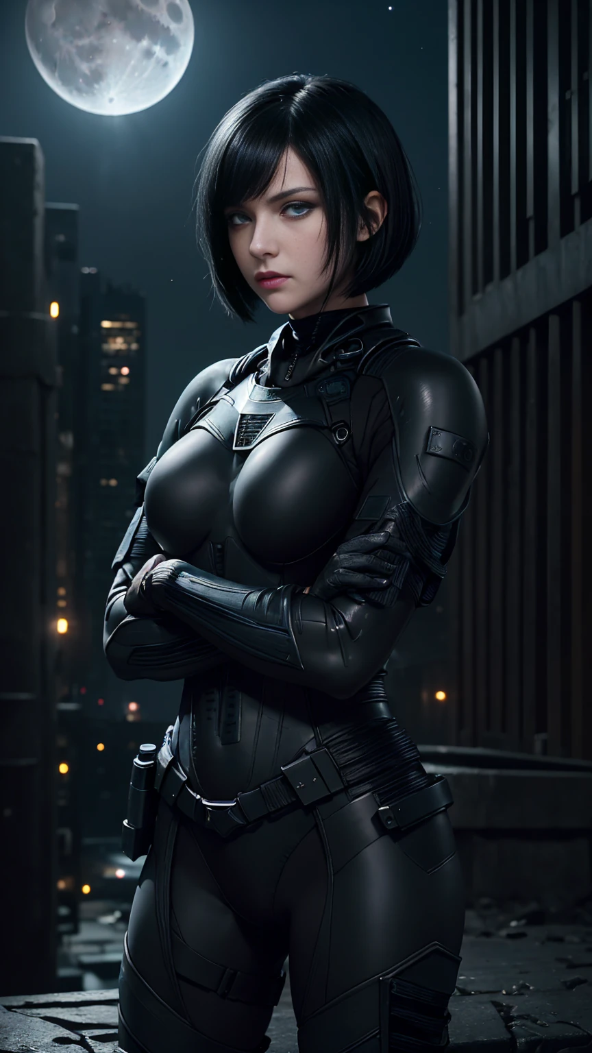 (A Gorgeous 30 Years Old British Female Vampire Mercenary), (Messy Bobcut Black Hair:1.4), (Pale Skin:1.2), (Blue Eyes), (Wearing Black Tight Infiltration Suit:1.6), (Moonlit City Buildings at Night:1.4), (Crossed Arms Pose:1.4), Centered, (Half Body Shot:1.4), (From Front Shot:1.4), Insane Details, Intricate Face Detail, Intricate Hand Details, Cinematic Shot and Lighting, Realistic and Vibrant Colors, Sharp Focus, Ultra Detailed, Realistic Images, Depth of Field, Incredibly Realistic Environment and Scene, Master Composition and Cinematography