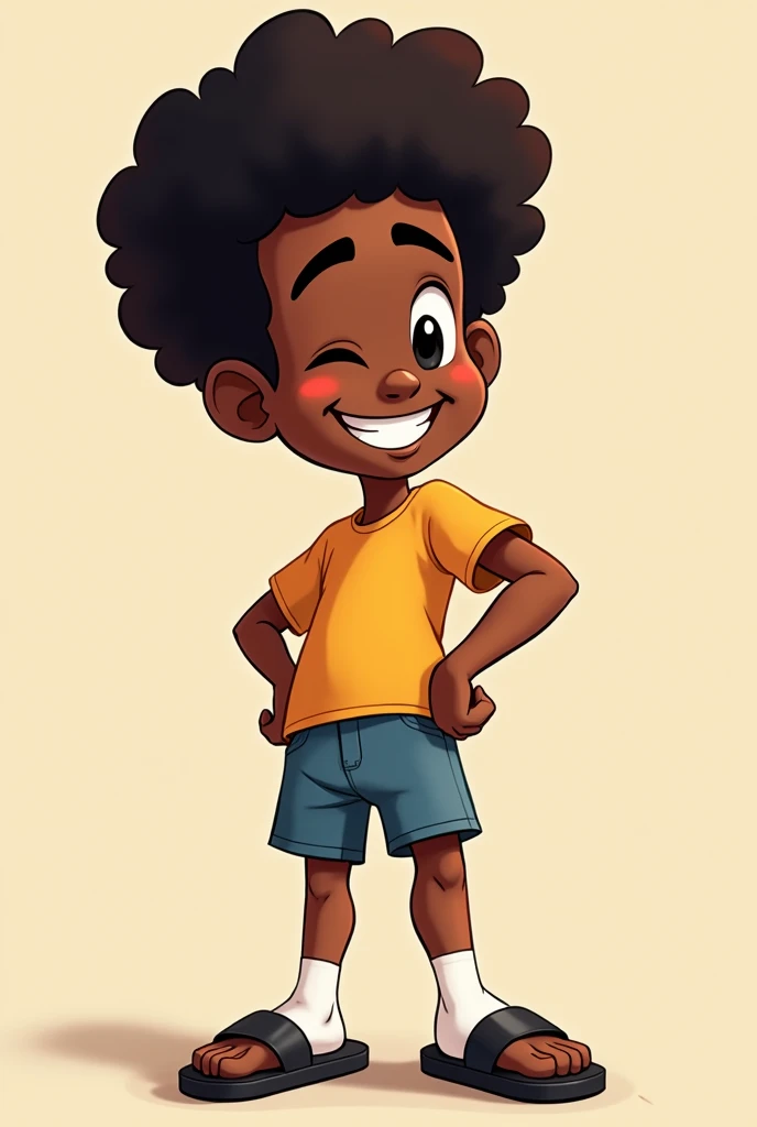 Black man anime, wearing socks and slides, Afro, smiling 