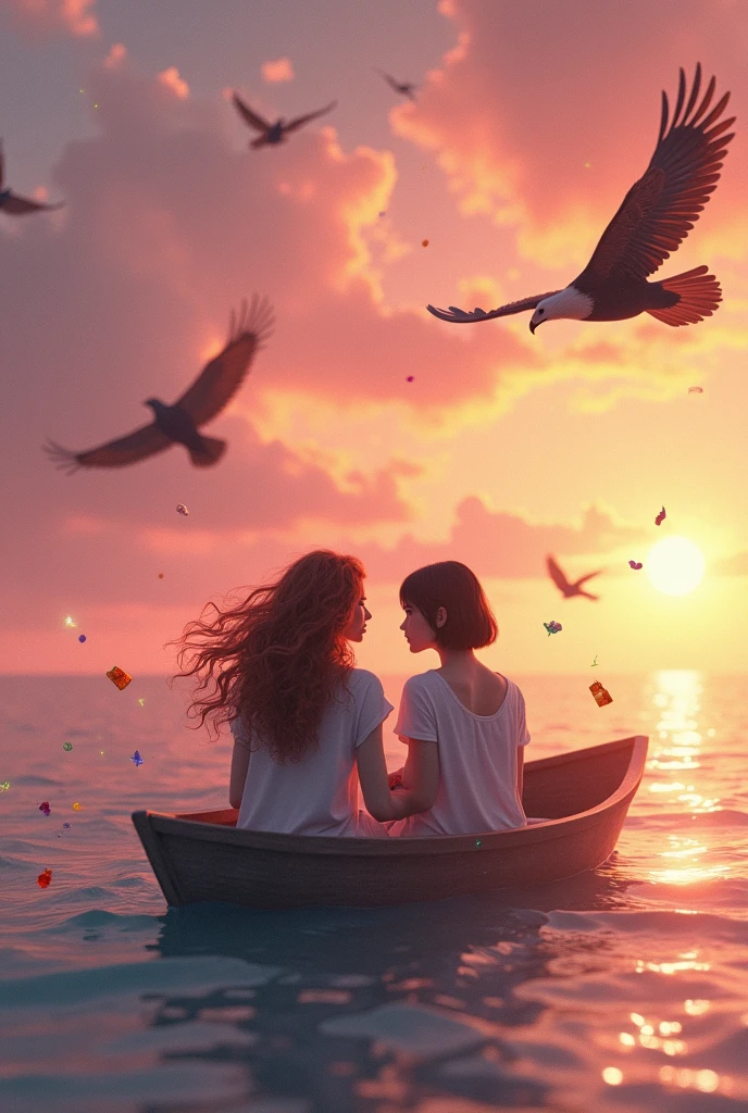 Make me two girls, one with curly hair and the other with short, straight hair, who are in a boat in the middle of the beach and who have a pink sunset in the sky while many eagles fly by leaving them treasures.