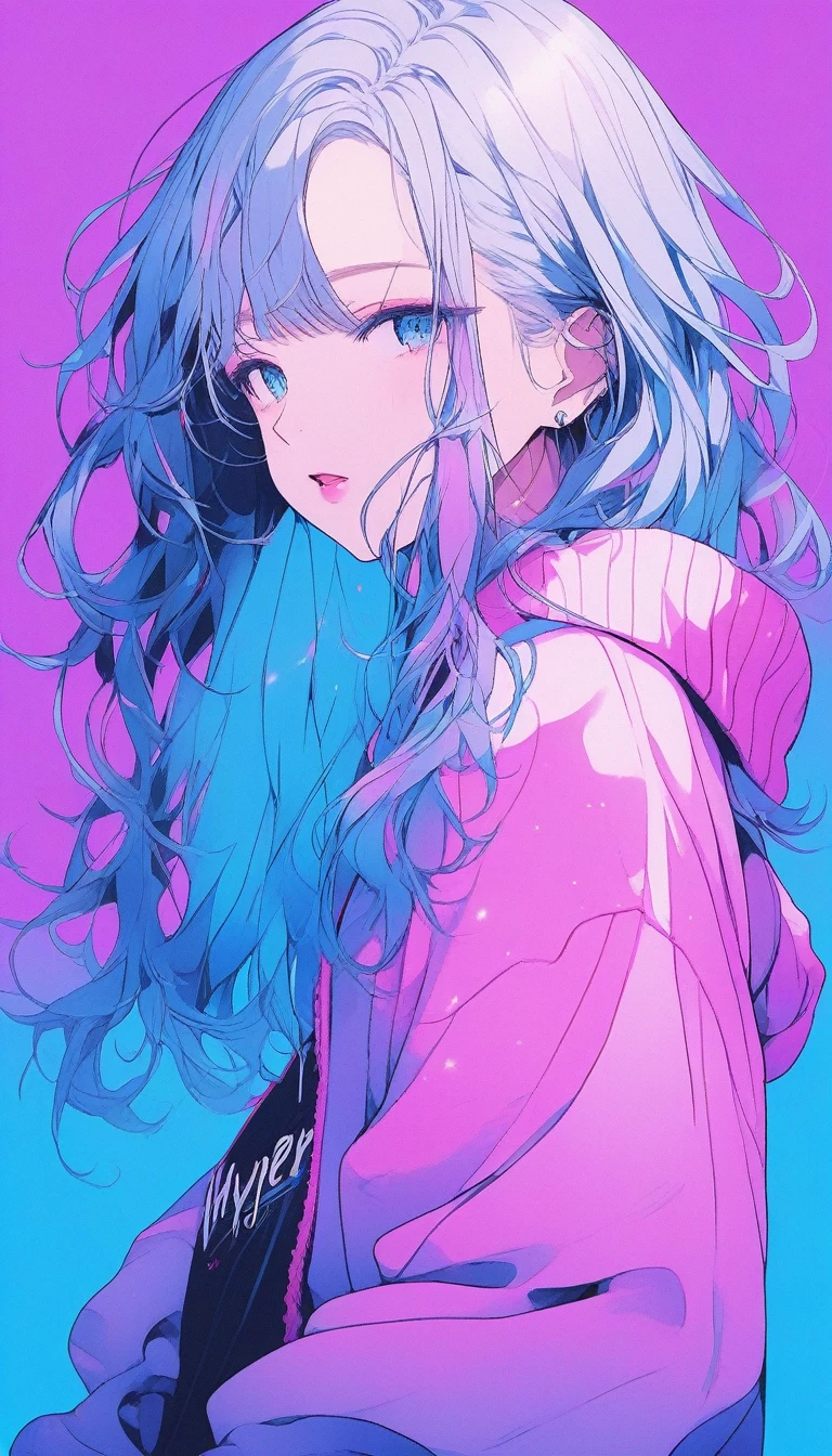 (insanely detailed), (best quality), (masterpiece:1.3), Illustrator, anime , (Hyper realistic), lip, sweater, Blue gradient background, Neon Hair, cinematic composition, dynamic angle
