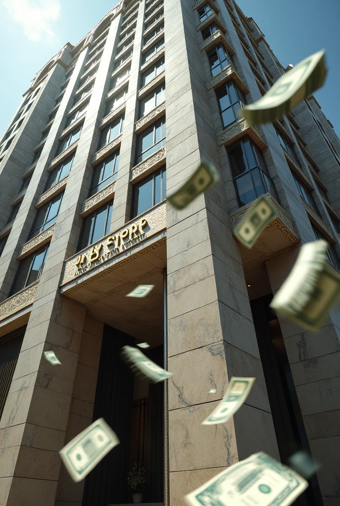 Realistic image of money falling under a luxurious office building 