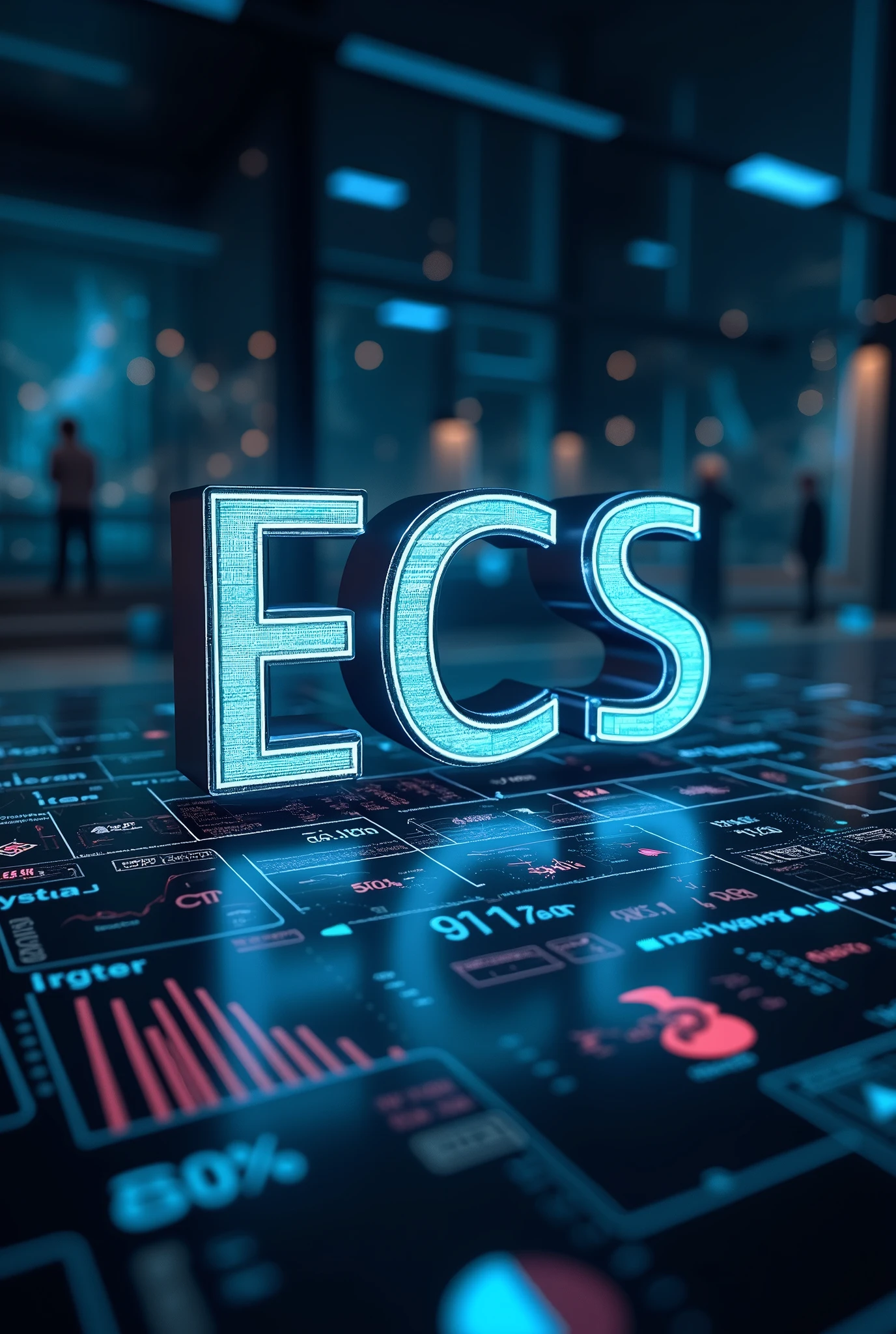 an image related to the crypto market, with graphics and institutional analysis with data and indicators. This image must contain the initials ECS and written in full Elite Crypto Society in a smaller size than the initials.. and that it is in an environment "hitech"