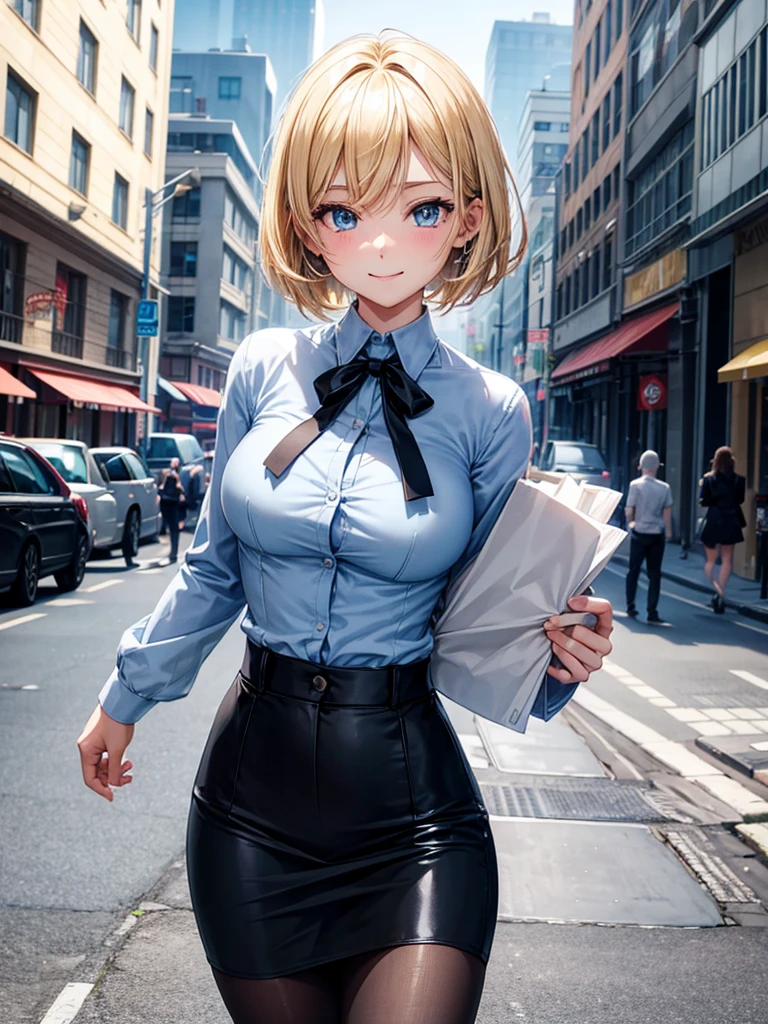 Anime style, super fine illustration, highly detailed, beautiful detailed, perfect detailed, super high quality image, static representation, gentle expression, happy expression, the pretty image, super stylish, 8k, pretty 1girl with blonde straight short hair & blue eyes & a bright smile & full bust & soft fair skin is a career woman supervisor who is not to show her skin wearing big light blue business shirt & black summer tailored jacket & black tight skirt & black pantyhose on the urban business buildings street, in the morning, solo, perfect fingers, no more fingers, no less fingers, perfect arms, no more arms, perfect legs, no more legs, no more hair, masterpiece.