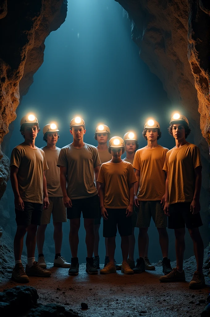 Ten students, wearing lighted helmets on their foreheads, dressed in T-shirts and shorts, stand in Allison Cave.