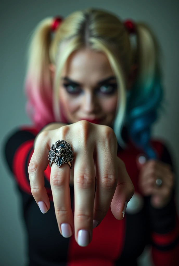 Photo of harley quinn showing her ring finger