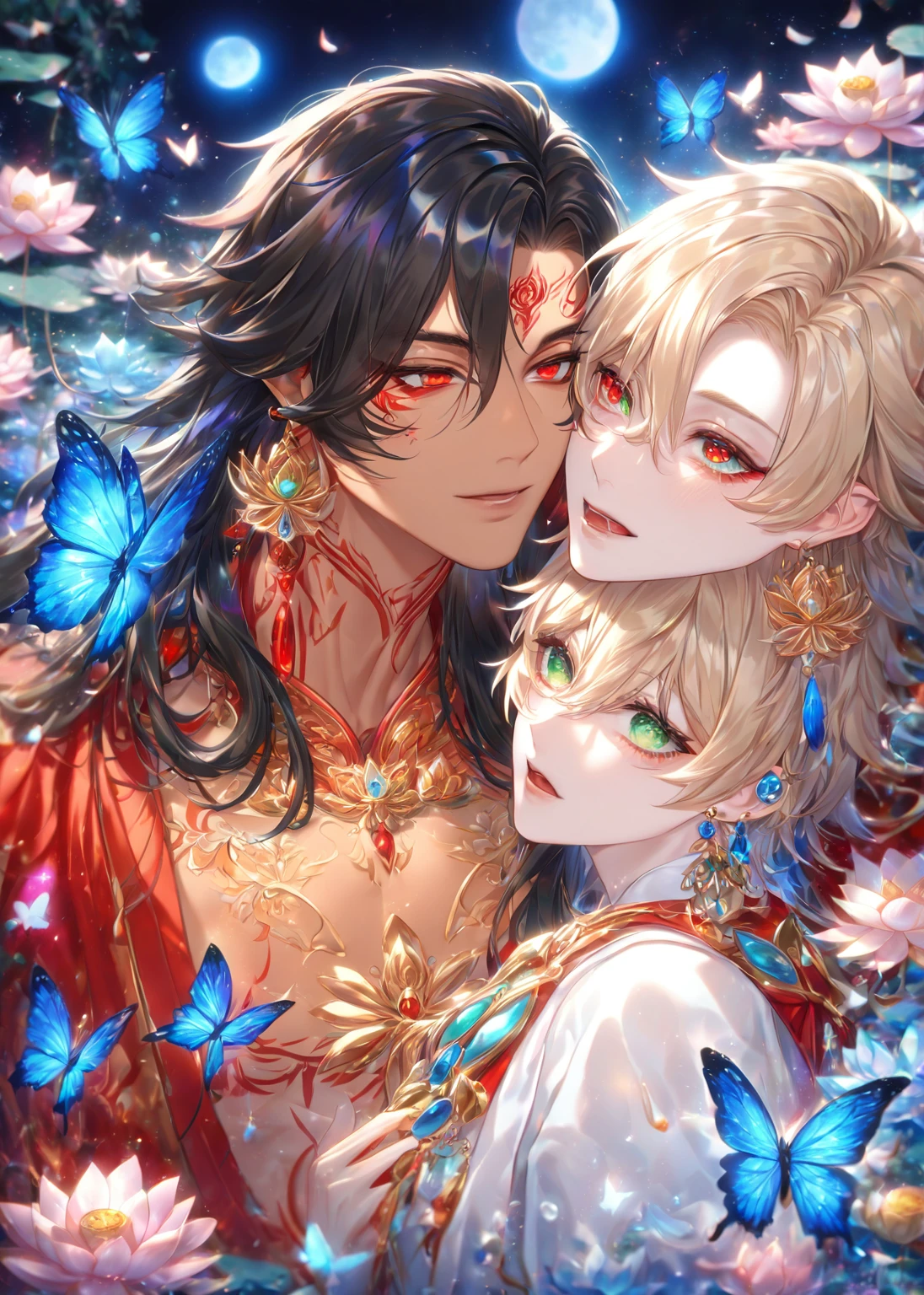 absurdres, highres, ultra detailed, HDR) master piece, best quality, extremely detailed, detailed face, detailed eyes, delicated features, tanned skin, Asura, black long hair, expressive red eyes, Onmyoji, Taishakuten, ash-blonde short hair, expressive green eyes, two men together, yaoi, gay couple, handsome, lotus earrings, white tunic with accessories, red haori, showing the chest, red tattoo, fantasy, magical, glittering, water, blue flames, blue moon, blue flowers, blue butterflies, garden