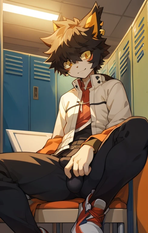 Aak,sit,masterpiece,locker room,Anime style,4K HD style,Looking at the audience,Aakhead,Boys,Crotch long bulge,Open your legs