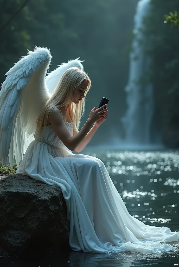 ((Very dark background)), a captivating hyper-realistic (gothic atmosphere) with a beautiful white angel with ((very impressive large closed wings above her head)), long straight blonde hair fluttering in the wind. Her strikingly clear eyes and gorgeous lips reflect an ethereal quality as she sits on a rugged rock near a serene river, the long veils of her dress falling from her legs until they plunge into the water carried by the current. The scene is lit solely by the soft light of her iPhone, which casts a mystical glow that highlights her delicate features and the dark, moody landscape around her. The river shimmers subtly in the background, enhancing the enchantment and melancholy