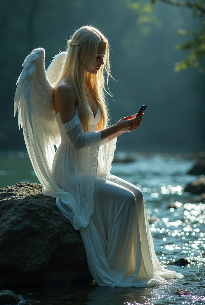 ((Very dark background)), a captivating hyper-realistic (gothic atmosphere) with a beautiful white angel with ((very impressive large closed wings above her head)), long straight blonde hair fluttering in the wind. Her strikingly clear eyes and gorgeous lips reflect an ethereal quality as she sits on a rugged rock near a serene river, the long veils of her dress falling from her legs until they plunge into the water carried by the current. The scene is lit solely by the soft light of her iPhone, which casts a mystical glow that highlights her delicate features and the dark, moody landscape around her. The river shimmers subtly in the background, enhancing the enchantment and melancholy