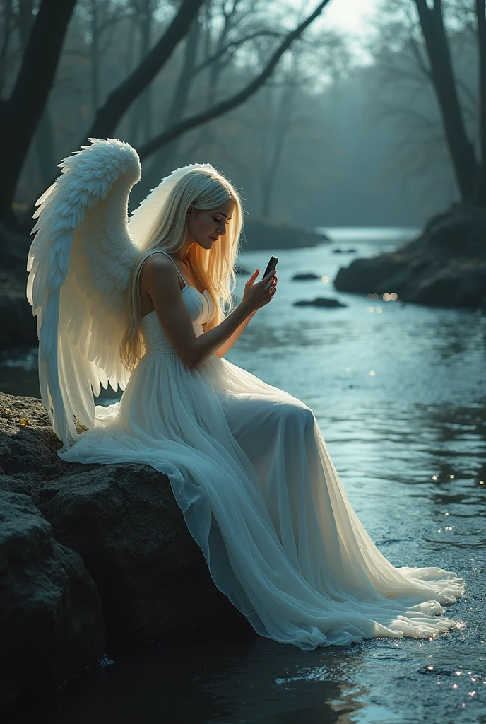 ((Very dark background)), a captivating hyper-realistic (gothic atmosphere) with a beautiful white angel with ((very impressive large closed wings above her head)), long straight blonde hair fluttering in the wind. Her strikingly clear eyes and gorgeous lips reflect an ethereal quality as she sits on a rugged rock near a serene river, the long veils of her dress falling from her legs until they plunge into the water carried by the current. The scene is lit solely by the soft light of her iPhone, which casts a mystical glow that highlights her delicate features and the dark, moody landscape around her. The river shimmers subtly in the background, enhancing the enchantment and melancholy