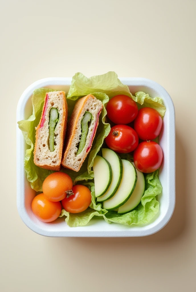 Lunch packed in a styrofoam container photo from above
