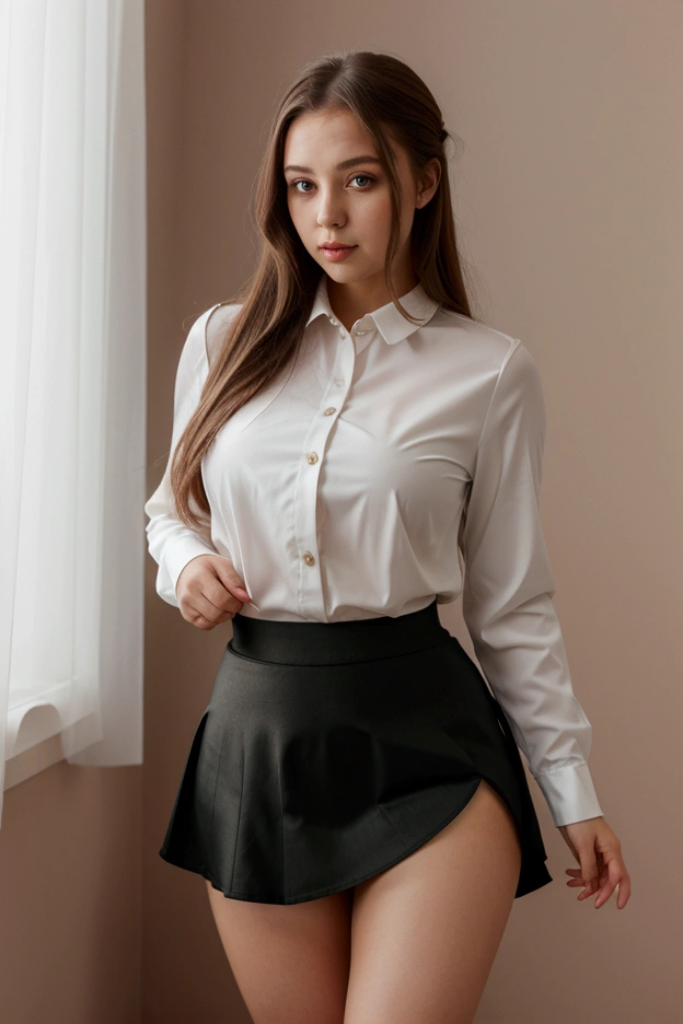 nsfw, (masterpiece), (realistic), (Highly detailed 8k), strong photo studio lighting, in the night, sitting on the bed, total body, a 20 years old gravure girl, light brown hair, brown eyes, slender, slender arms, big breasts, BREAK (white and gray theme:1.3), (wearing a white collared-shirt:1.4), BREAK (tight dark navy pencil skirt:1.5), (sheer dark navy pantyhose:1.3), opened legs, no bra, no pan, pubic hair, pointy breasts, erected nipples, (sow off pussy),