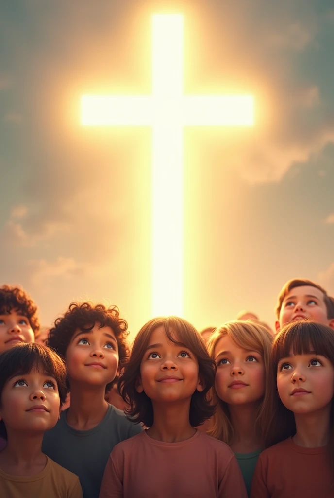 Children of different skin colors at the bottom of the image and a cross in the shape of light at the top and children looking at the cross in a light background But you can see the children's faces