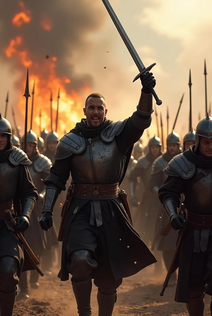 Medieval mercenary squad of 200 people led by a 2 man, He has medium hair with shaved sides, Spanish nationality, He is raising a sword to the sky, He is right-handed, None of them have a cape on their uniform, the uniform is black/gray, realistic image, There is movement, They are on a battlefield,  They are running (They don&#39;t look static)  there is fire behind, you see dust rising, small flying wood splinters