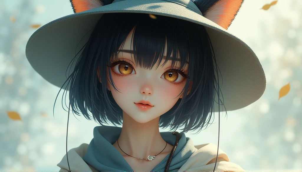 A beautiful girl with short black hair、Has distinctive cat ears。I usually wear my hat deep、Hiding cat ears