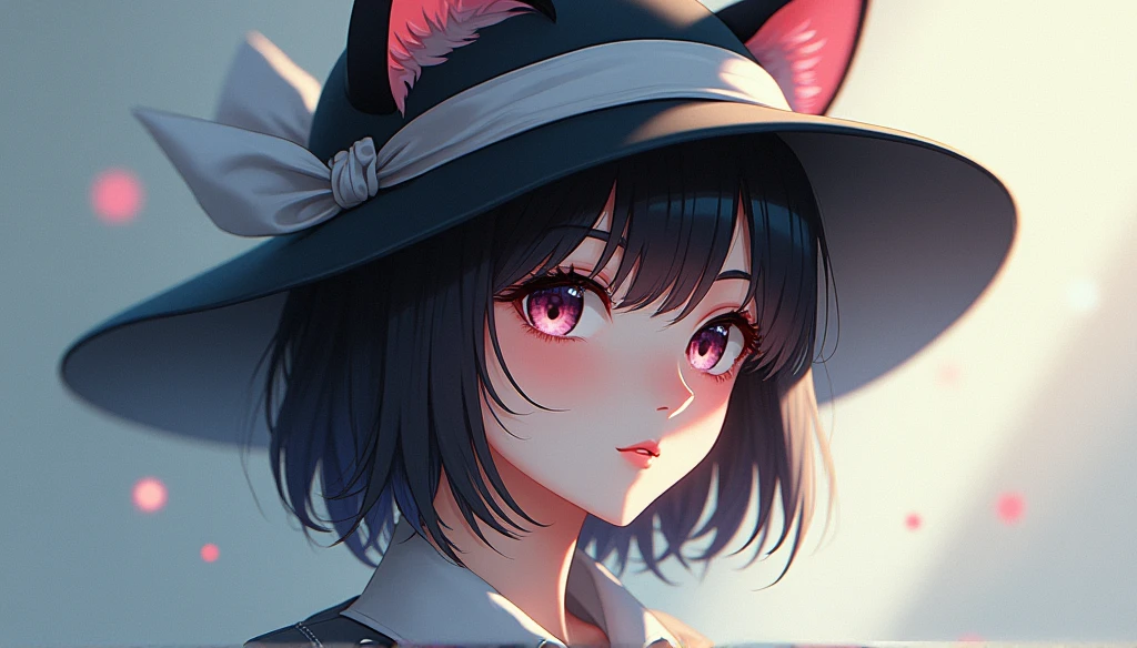 A beautiful girl with short black hair、Has distinctive cat ears。I usually wear my hat deep、Hiding cat ears