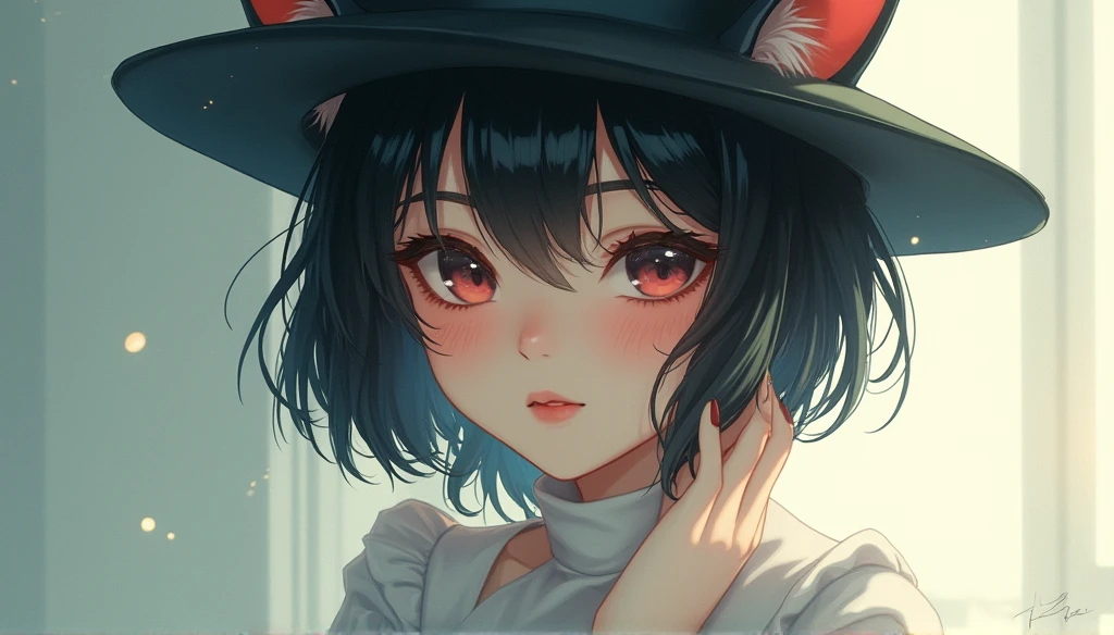A beautiful girl with short black hair、Has distinctive cat ears。I usually wear my hat deep、Hiding cat ears