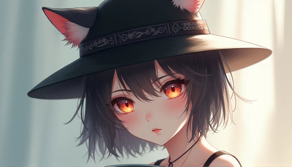 A beautiful girl with short black hair、Has distinctive cat ears。I usually wear my hat deep、Hiding cat ears