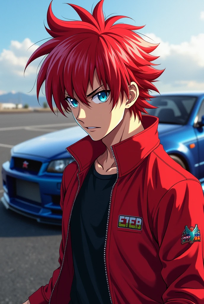 Adult anime boy with red hair saint seiya style with white locks in his hair,with a serious face and blue eyes and a red jacket and black shirt with a tuned Nissan Skyline GTR R34 behind