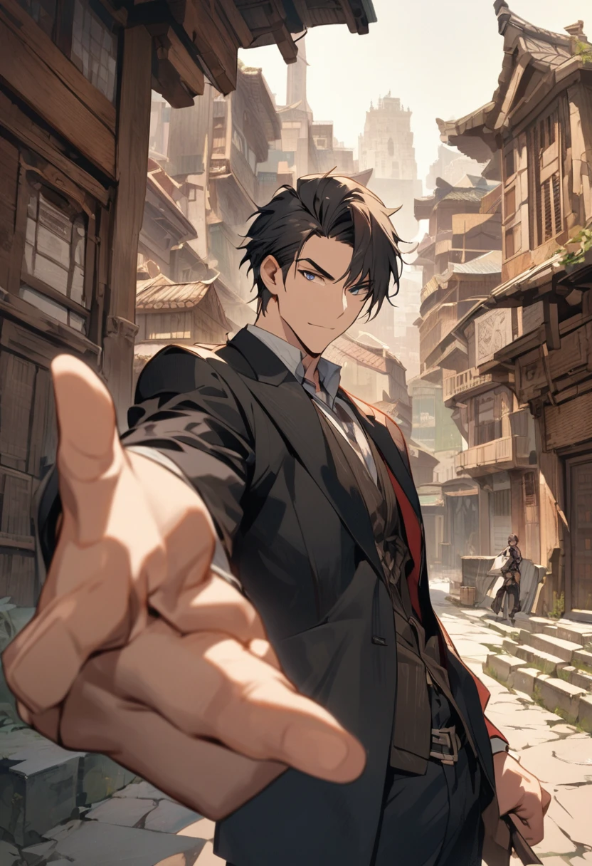 A handsome guy is holding a house in his left hand and pointing his right finger at you .The background of the entire rear is a modern city on the left and ancient buildings on the right.