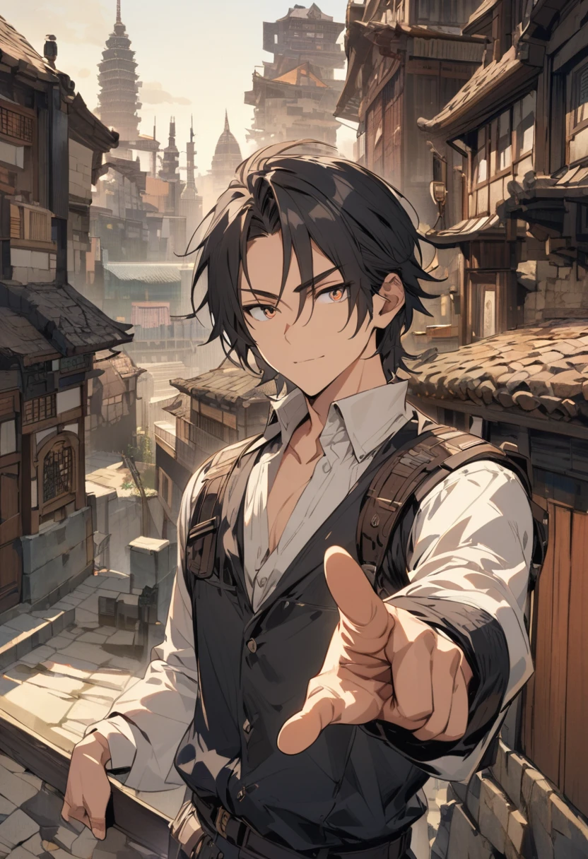 A handsome guy is holding a house in his left hand and pointing his right finger at you .The background of the entire rear is a modern city on the left and ancient buildings on the right.