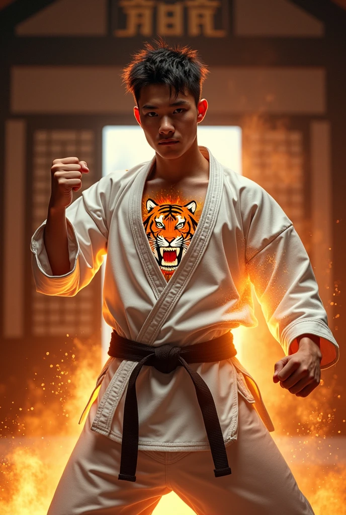 a young man with an athletic physique wearing a karate kimono, walking slowly inside a karate dojo, as he walks he raises his open right hand and closes his fist, at the moment he makes a fist the tiger that is printed on his right chest comes out of his clothes and immediately after the young man comes out from behind the tiger wearing kickboxing clothes and makes karate and kickboxing movements and says the words "kidobox combat" at that moment the name "kidobox combat" appears at his side in an impactful and fiery way.