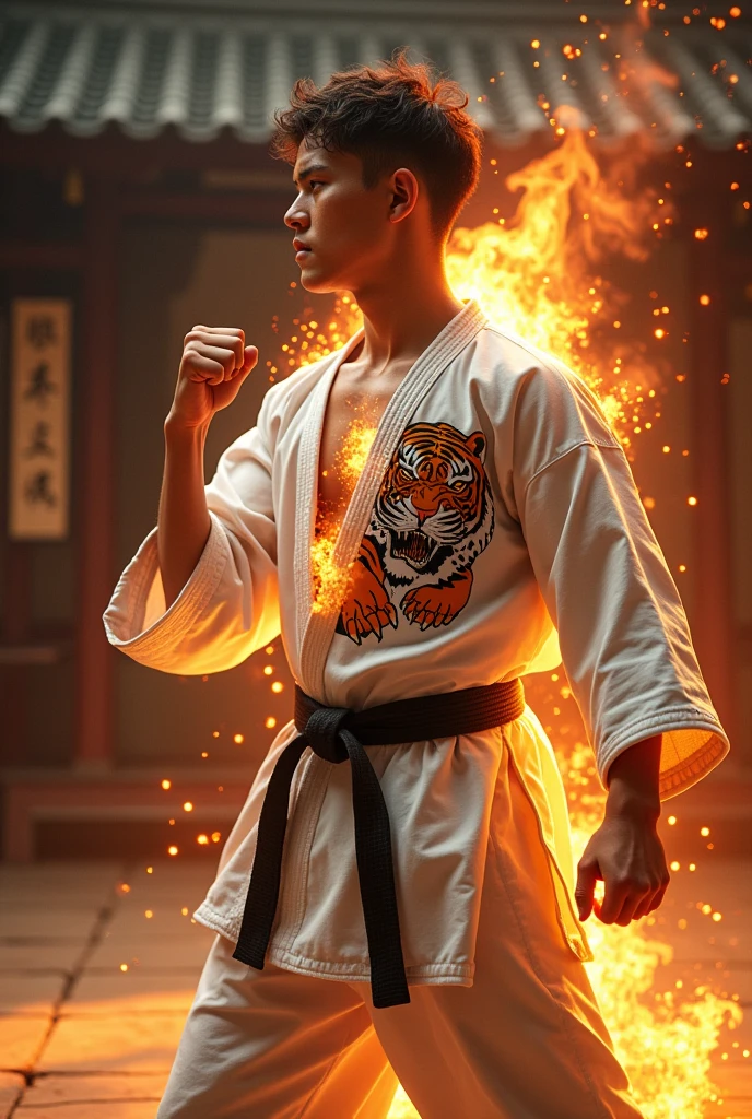 a young man with an athletic physique wearing a karate kimono, walking slowly inside a karate dojo, as he walks he raises his open right hand and closes his fist, at the moment he makes a fist the tiger that is printed on his right chest comes out of his clothes and immediately after the young man comes out from behind the tiger wearing kickboxing clothes and makes karate and kickboxing movements and says the words "kidobox combat" at that moment the name "kidobox combat" appears at his side in an impactful and fiery way.