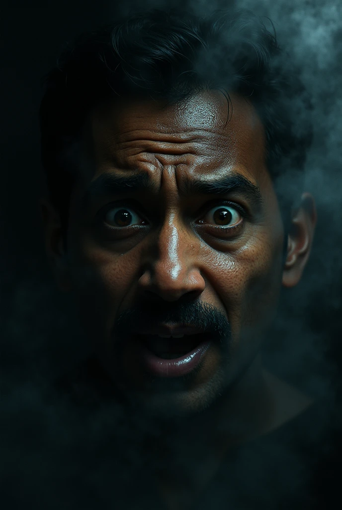 A close-up of Ravi’s face, drenched in cold sweat, his eyes wide with terror as he stares at the approaching shadow. The room around him is filled with dark, creeping shadows, and the atmosphere is suffocating with fear and panic.
Size: 1024x1024