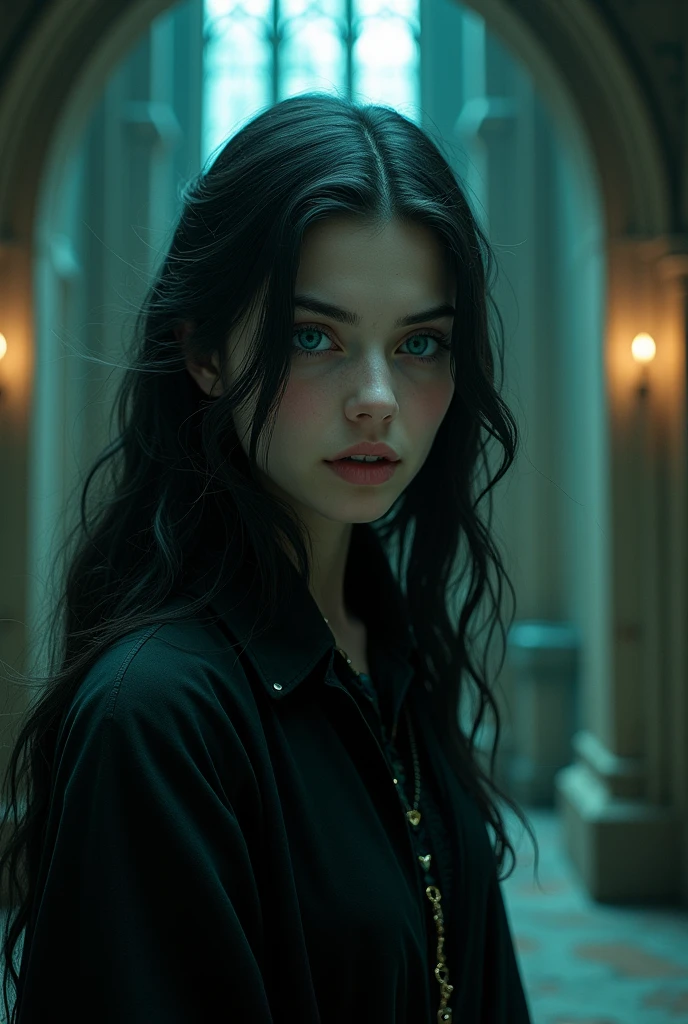 A young girl with blue eyes, black hair, villainous beauty, fair skin, long hair, standing in a Slytherin astronomy tower