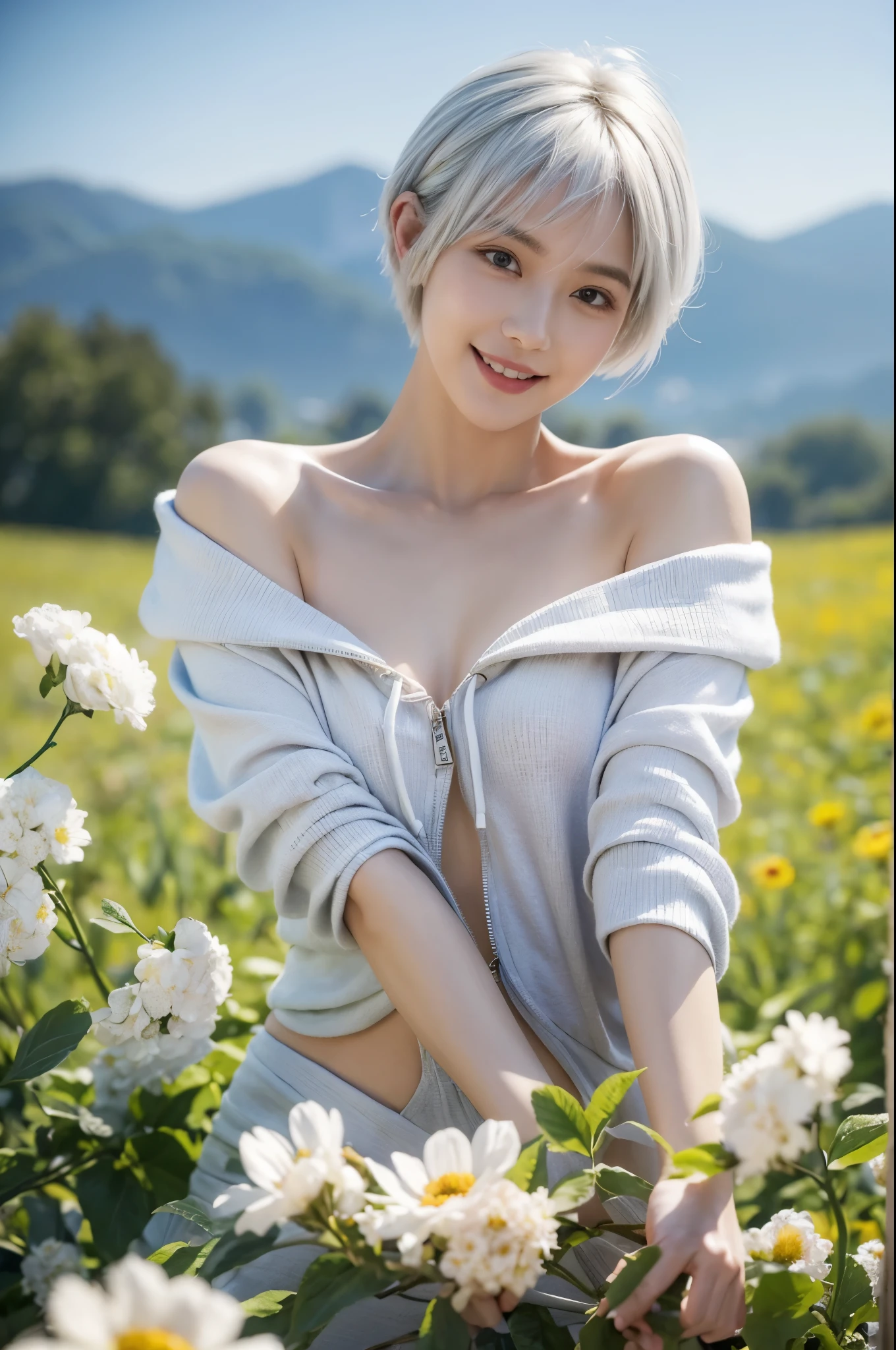 With many bouquets、masterpiece, Highest quality, Very detailed, 8k, Realistic, One Girl, alone, Tomboy, Very detailed face, (head shot:1.5), Standing in a field of colorful flowers, Pixie cut white hair, Swimwear, Wearing an off-the-shoulder hoodie,I can see your chest,Nice ass, smile, LOL