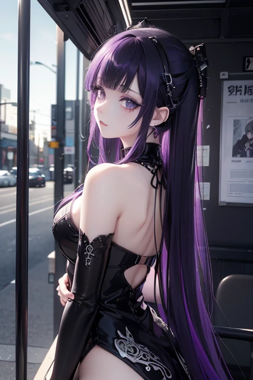 (masterpiece:1.2), (best quality:1.2), 1girl, KDAKaiSa, long hair, purple hair, hair bun, double bun, purple eyes, (painting style:0.9), masterpiece, best quality, absurdres, looking at viewer, no pupils,(detailed eyes), (detailed face), perfect face, 1girl, blunt bangs, braid, wide sleeves, hair ornament, japanese clothes, (red:0.7) obi, (purple hair:0.95), very long hair, looking at viewer, (photorealistic:1.3), detailed eyes, red eyeshadow, depth of field, symmetry eyes, cleavage, hand on lips, street advertising, from side,