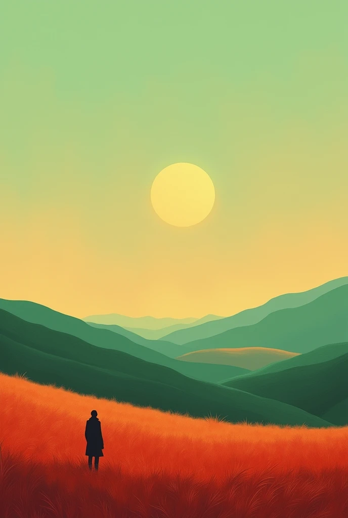 A lone figure stands in a field of green, a full moon hanging in the pastel sky above. The hills roll in the distance, painted in shades of yellow, green, and red, creating a surreal landscape. The figure is small and insignificant against the vastness of the scene, creating a feeling of solitude and contemplation. 

[Surreal landscape, minimalist, dreamlike, contemplative], [Oil painting, style of Edward Hopper], [Soft lighting, muted colors, long shadows, focus on the figure and the moon]