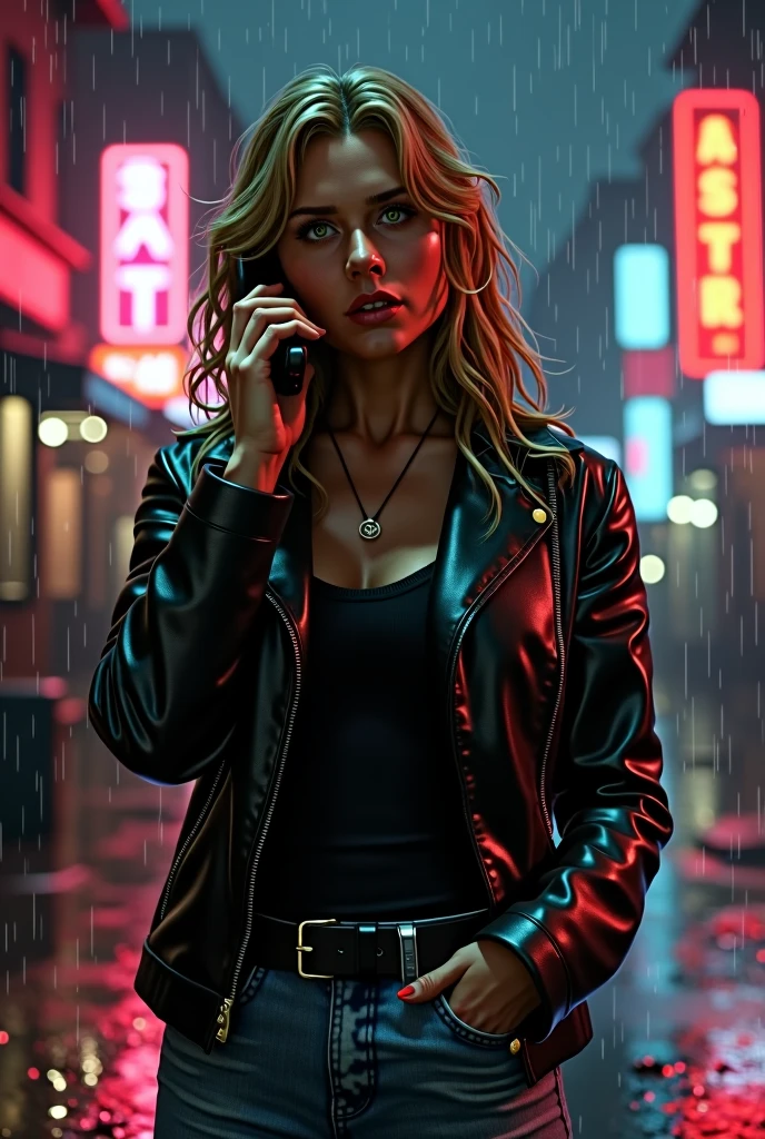 Ultra-realistic scene of Sarah Connor in 1980s attire, making a call while holding a 1980s-style cell phone. She has a tense expression as she contacts the Terminator. The scene is set in a gritty, rain-soaked urban area with neon lights reflecting in the background
