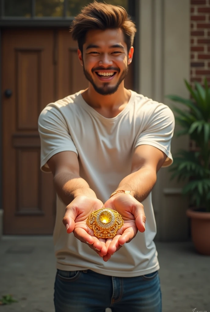 Young man, dressed casually, holding gold jewelry in hands, realistic image,looking ahead, smiling, happy, empowered