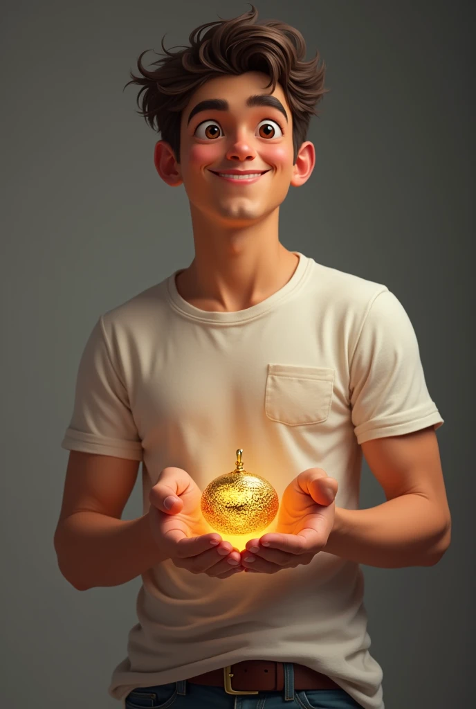 Young man, dressed casually, holding gold jewelry in hands, realistic image,looking ahead, smiling, happy, empowered